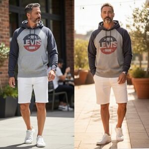 Levi's Heather Gray and Navy Logo Pullover Hoodie